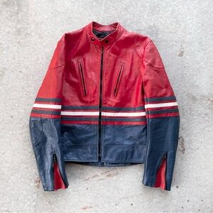 Red & Blue Striped Vintage 80s/90s Golden Crown by Bristol Biker Leather  Jacket